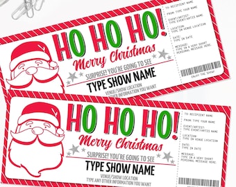 May include: Two Christmas-themed tickets with a red and white border, featuring Santa Claus illustrations and the text "HO HO HO! Merry Christmas." The tickets include fields for recipient, event, and a personal message. The bottom banner reads "INSTANT DOWNLOAD."