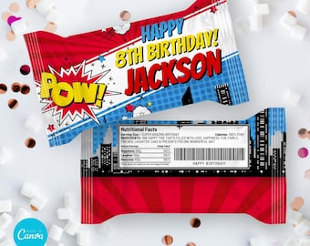 Superhero Krispie Rice Label, Superhero Birthday, Comic Book Treat Label | Edit with CANVA - INSTANT DOWNLOAD Printable Template