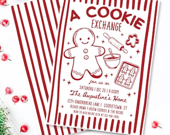 May include: A rectangular invitation card with red vertical stripes and a white background. The text reads A COOKIE EXCHANGE, with illustrations of a gingerbread man, rolling pin, bowl, and cookie sheet. Event details include date, time, and location.