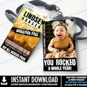 1st Birthday Rockstar VIP Photo Badge - Rock Star Birthday,Rockstar Party,Backstage Pass | Self-Edit with CORJL - INSTANT Download Printable