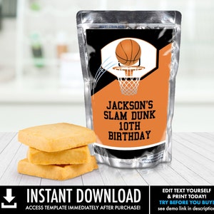 Basketball Party Juice Pouch Label, Juice Pouch Label, Basketball Birthday, Drink Label | Personalize using CORJL–INSTANT DOWNLOAD Printable