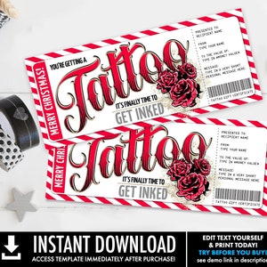 Certificat-cadeau de Noël Tattoo - Roses Design, Get Inked Gift Card Voucher | Auto-édition avec CORJL - TÉLÉCHARGEMENT INSTANTANÉ Imprimable