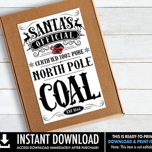 Christmas Coal 5&quot;X8&quot; Label, Santa&#39;s North Pole Coal, Santa&#39;s Naughty List,Stocking Stuffer | Ready-To-Print INSTANT Download PDF Printable