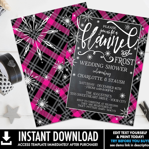 Flannel & Frost Shower Invitation - Pink Plaid Shower, Winter Shower | Self-Editing with CORJL - INSTANT DOWNLOAD Printable