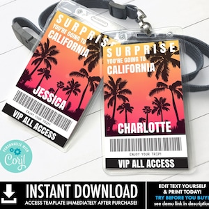 Surprise Travel VIP Badge - Travel All Access Pass,Airplane Badge,Surprise Trip | Self-Edit with CORJL - INSTANT Download Printable Template