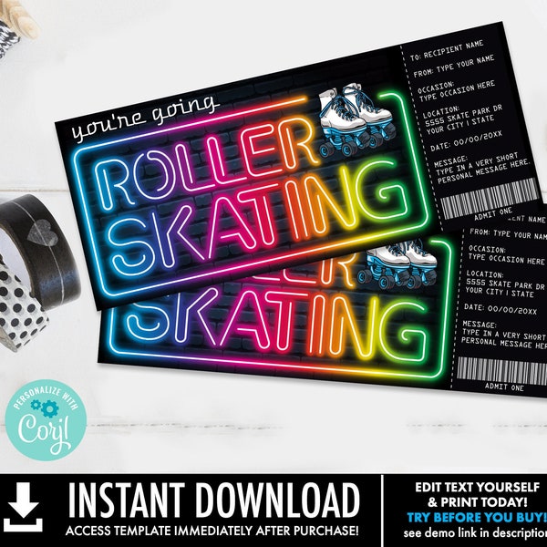 Roller Skating Gift Voucher, Gift Certificate, Gift Ticket, Roller Skate Lessons | Self-Edit with CORJL - INSTANT DOWNLOAD Printable