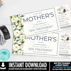 Vale-presente surpresa para tratamento de spa do Dia das Mães, Dia do Spa, Vale-presente do Spa | Autoedição com CORJL - INSTANT DOWNLOAD para impressão