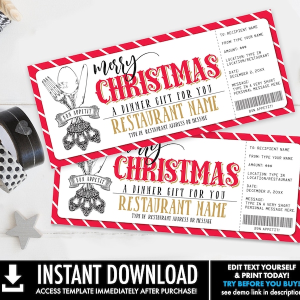 Christmas Restaurant Gift Voucher, Dinner Gift, Gift Certificate, Gift of a Night Out | Self-Edit with CORJL - INSTANT DOWNLOAD Printable