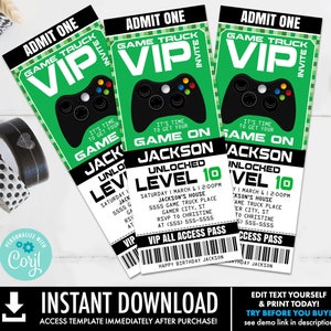 May include: Green and black printable VIP ticket with the text "Game Truck VIP" and "Game On" with a green and black video game controller graphic. The text "Jackson Unlocked Level 10" is also included.