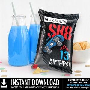 Skateboard Party Chip Bag Label - Skate Park Party, SK8 Party, Party Favor | Self-Edit with CORJL - INSTANT DOWNLOAD Printable