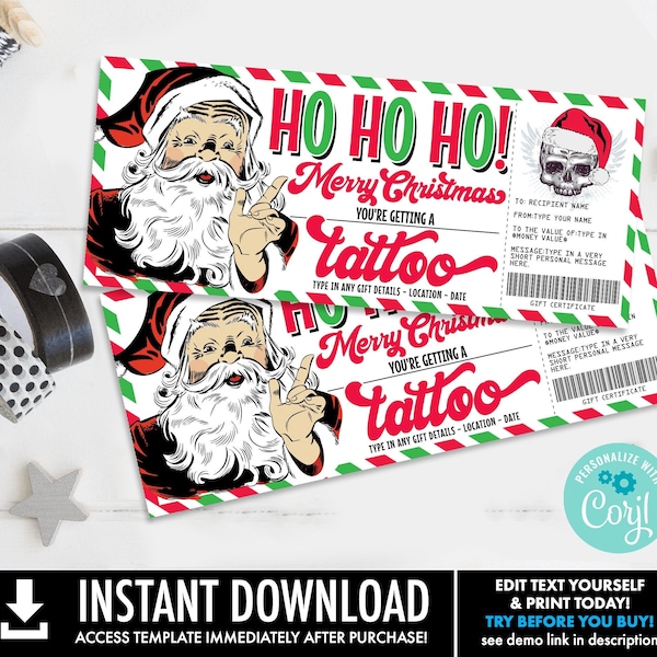 Christmas Tattoo Gift Certificate,Finally time to get inked Gift Voucher,Skull Retro Santa | Self-Edit with CORJL-INSTANT DOWNLOAD Printable
