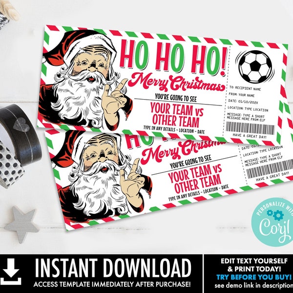 Christmas Soccer Ticket Gift Certificate, Soccer Game Ticket Gift Voucher,RetroSanta | Self-Edit with CORJL-INSTANT DOWNLOAD Printable