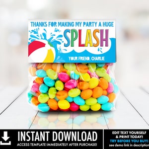 Pool Party Leckerlibeutel Topper - Gastgeschenke, Gastgeschenke, Danke, Splish Splash | Selbst bearbeiten mit CORJL - INSTANT DOWNLOAD Printable Template