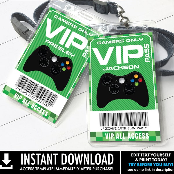 Video Game Badges - VIP Video Game I.D. Badges, Video Game Birthday, ruck Party | Self-Edit with CORJL - INSTANT Download Printable Template