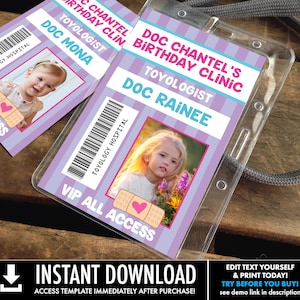 Doc Badges - Doctor Party, Doc Passes, Doc Birthday, Party Favor,Doctor/Nurse | Self-Editing with CORJL - INSTANT Download Printable