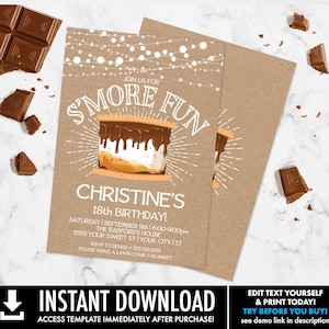 May include: A brown paper invitation with white text and a graphic of a s'more. The text reads "Join us for S'more Fun Christine's 18th Birthday! Saturday | September 9th | 6:00-9:00pm The Radford's House 5555 Your Sweet St | Your City | ST RSVP to Denise #5555555555 Please bring a lawn chair & blanket".