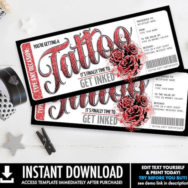 Tattoo Gift Certificate - Roses Design - Get Inked Gift Card Voucher - Valentine | Self-Edit with CORJL - INSTANT DOWNLOAD Printable