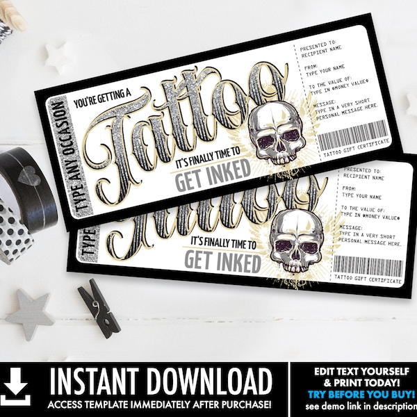 Tattoo Gift Certificate - Skull Design - Get Inked Gift Card Voucher | Self-Edit with CORJL - INSTANT DOWNLOAD Printable