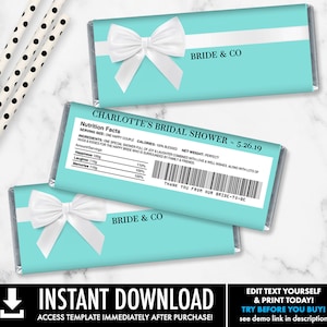 Bridal Shower Candy Bar Label/Wrapper - Bridal Shower Favor, Wedding Turquoise Favor | Self-Editing with CORJL - INSTANT DOWNLOAD Printable