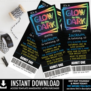 Neon Glow Party Ticket Invitation - Neon Glow Birthday, Glow Party Theme, blue | Self-Edit with CORJL - INSTANT DOWNLOAD Printable Template