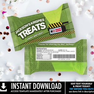 May include: Green and yellow printable treat bag template with the text "Jackson's Krispies Treats Happy Birthday" and a cartoon image of a ghost. The bag also includes a nutritional facts label with the text "Thanks for sharing my day! Jackson".