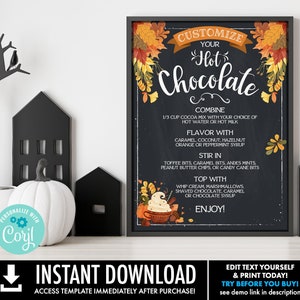 Hot Chocolate Party 18x24 Menu - Autumn Hot Coco Bar, Fall, Chocolate Bomb Party, Cocoa | Self-Edit with CORJL - INSTANT DOWNLOAD Printable