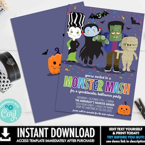 Monster Mash Halloween Invitation, Monster Bash Party, Halloween Party, Costume Party | Self-Edit with CORJL - INSTANT DOWNLOAD Printable