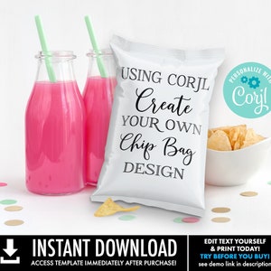 May include: A white chip bag template with the text "USING CORJL Create YOUR OWN Chip Bag DESIGN" and a blue circle with the text "PERSONALIZE WITH Corjl" in the upper right corner. The bag is sitting on a white surface with pink and brown confetti.