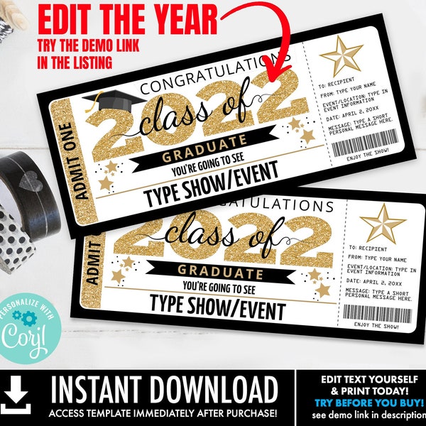 Graduation Concert/Event Editable Template - Surprise Ticket, Trip Gift, Fake Ticket | Personalize using CORJL - INSTANT DOWNLOAD Printable