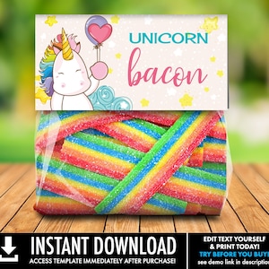 Pode incluir: Etiqueta de saco de lembrancinha de festa imprimível com um unicórnio de desenho animado segurando um balão de coração rosa. A etiqueta tem um fundo rosa com estrelas brancas e o texto "UNICORN bacon".