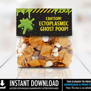 May include: Printable Halloween treat bag label with a black and green design. The label features a green slime graphic and the text "CAUTION! ECTOPLASMIC GHOST POOP!"
