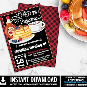 Pancakes & Pajamas Invitation - Lumberjack Breakfast  Birthday, Pancake Party | Self-Edit with CORJL - INSTANT Download Printable Template