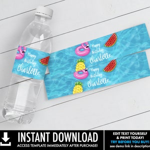 Pool Party Water Bottle Wrappers - Water Bottle Labels, Birthday Party Favors, Summer | Self-Editing with CORJL - INSTANT DOWNLOAD Printable