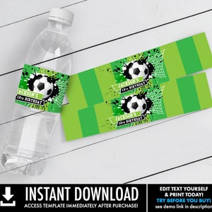 Soccer Water Bottle Wrappers/Label - Soccer Birthday, Soccer Party, Drink Label | Self-Edit with CORJL - INSTANT DOWNLOAD Printable