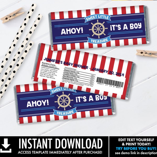 Nautical Candy Bar Wrapper, Nautical Favor,Chocolate Bar Labels, Nautical Baby Shower | Self-Editing with CORJL - INSTANT Download Printable