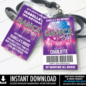 Dance Party VIP Badge Invitation, Disco Dance Party,Rock n Roll Party,All Access Pass Self-Editing with CORJL INSTANT Download Printable image 1