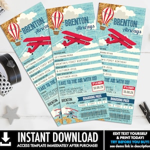 Vliegtuig, heteluchtballon, Aviator TICKET uitnodigen, kaartvliegtuig, 1e verjaardag | Zelf bewerken met CORJL - INSTANT download afdrukbaar