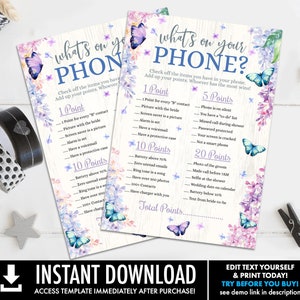 What's On Your Phone Bridal Shower Game, Butterfly Bridal Shower Game,Butterfly & Flowers | Self-Edit with CORJL - INSTANT Instant Printable