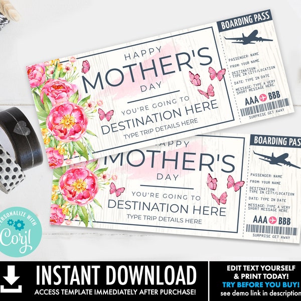 Mother's Day Boarding Pass Surprise Trip Voucher, Vaction Gift Certificate | Self-Edit with CORJL - INSTANT DOWNLOAD Printable