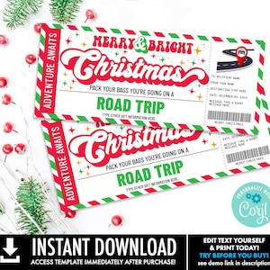 Christmas Road Trip Surprise Ticket Gift Voucher, Road Trip Holiday Vacation | Self-Edit with CORJL - INSTANT DOWNLOAD Printable