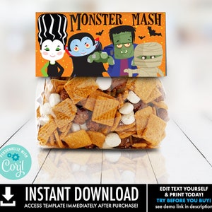 May include: Printable Monster Mash party favor bag label featuring a cartoon Frankenstein, Dracula, Mummy, and a black-haired woman. The label is orange with black bats and the text "Monster Mash".