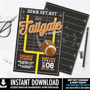 May include: Football-themed invitation with a black background, featuring a football, goalpost, and the words "Let's Tailgate & Celebrate." Includes event details like date, time, and stadium address. The design has a vintage aesthetic with a downloadable template.