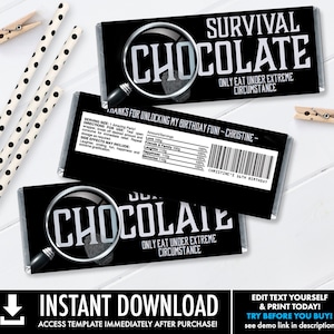 Escape Room Candy Bar Label/Wrapper, Mystery Party, Candy Party Favor Label | Self-Editing with CORJL - INSTANT Download Printable