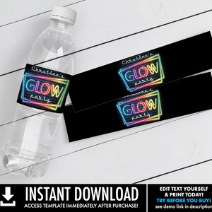 Neon Glow Party Water Bottle Label/Wrap, Glow Birthday Party, Drink Label | Self-Edit Text DIY INSTANT Download Printable