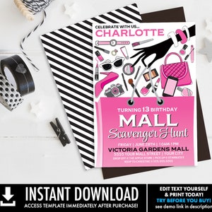 Mall Scavenger Invitation, Birthday Party Invite, Mall Party | Self-Edit with CORJL - INSTANT DOWNLOAD Printable Template