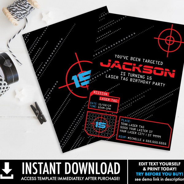 Laser Tag Invitation, Laser Tag Birthday, Laser Tag Party Invite| Self-Editing with CORJL - INSTANT DOWNLOAD Printable Template
