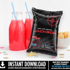Laser Tag Chip Bag Wrap/Label - Treat Bag, Potato Chip Bag Label, Laser Tag Birthday | Self-Edit with CORJL - INSTANT DOWNLOAD Printable