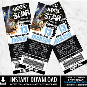 Rockstar Party Ticket Invitations,Party like a Rockstar,Rock n Roll Birthday | Personalize with CORJL - INSTANT DOWNLOAD Printable Template