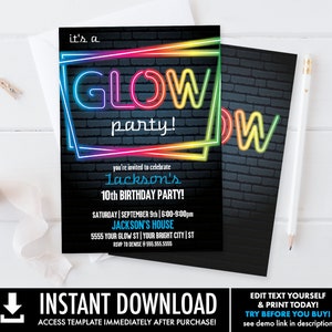 Neon Glow Party Invitation - Neon Glow Birthday, Glow Party Theme, blue | Self-Editing with CORJL - INSTANT DOWNLOAD Printable Template