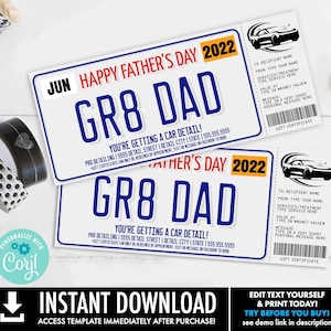 Father&#39;s Day Car Detailing Gift Certificate,License Plate Car Detail Surprise Gift Voucher | Self-Edit with CORJL-INSTANT DOWNLOAD Printable